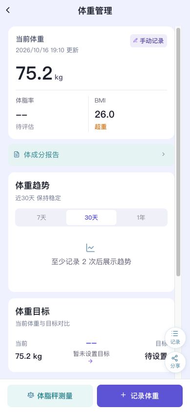 图2 体重管理中核对最新值与最近记录。
